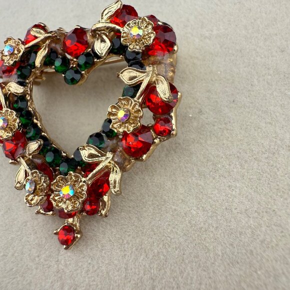 Gold-Tone Heart Shaped Crystal Brooch With Red & Green Rhinestones & Floral Acce - Picture 2 of 5
